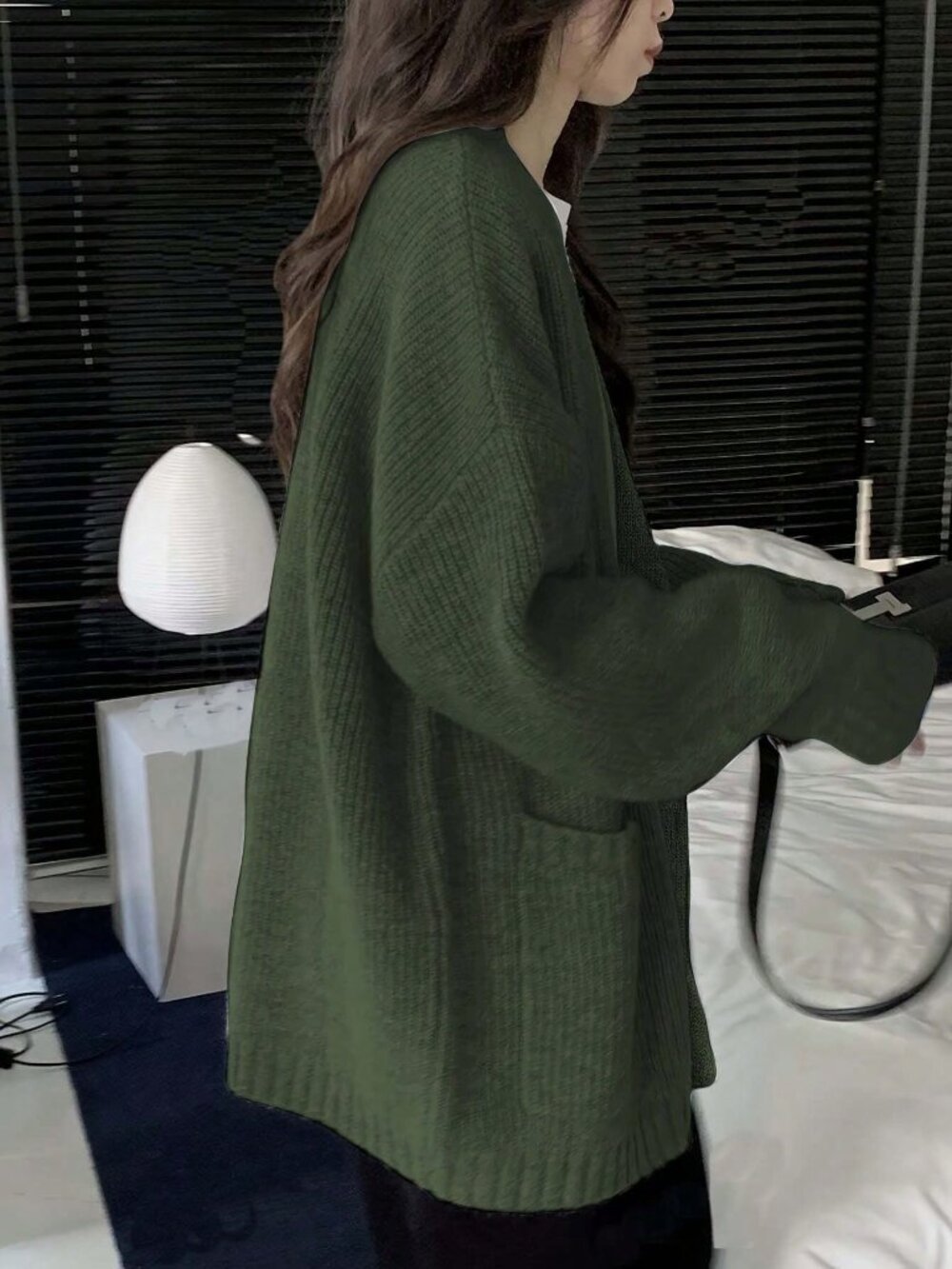 Army Green Casual Women's Elegant Knit Cardigan Sweater - Picture 2 of 3